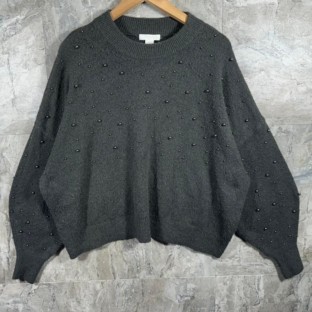 H&M oversized grey pearl embellished sweater women's Size XL #knitwear #winter